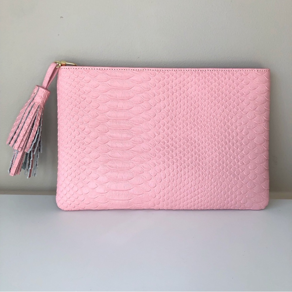 Brand new Jules Kae Pink Leather Crocodile embossed tassel clutch bag